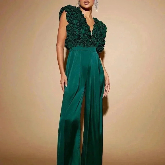 Green Party Women's Plunging Neck Ruffle Wide Leg Jumpsuit - Picture 4 of 6